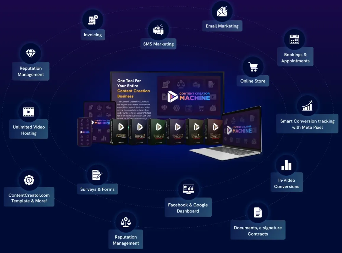 A small business owner surrounded by a chaotic mix of paper notes, open laptops, and mobile devices, each displaying different business tools. The owner looks frustrated and overwhelmed, highlighting the stress of managing disjointed systems.