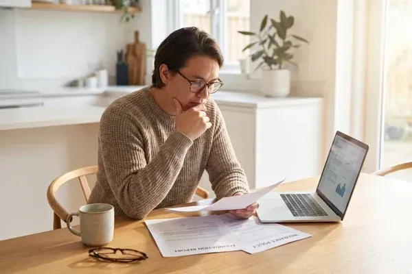 Homeowner reviewing an insurance policy about foundation repair coverage