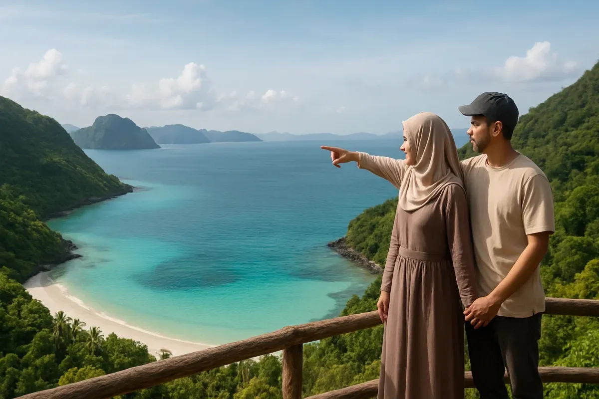 Muslim couple enjoying scenic tropical view, pointing toward dream destinations – CTPH Tour