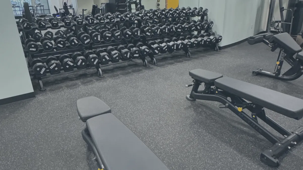 Strength floor with free-weight and plate-loaded equipment