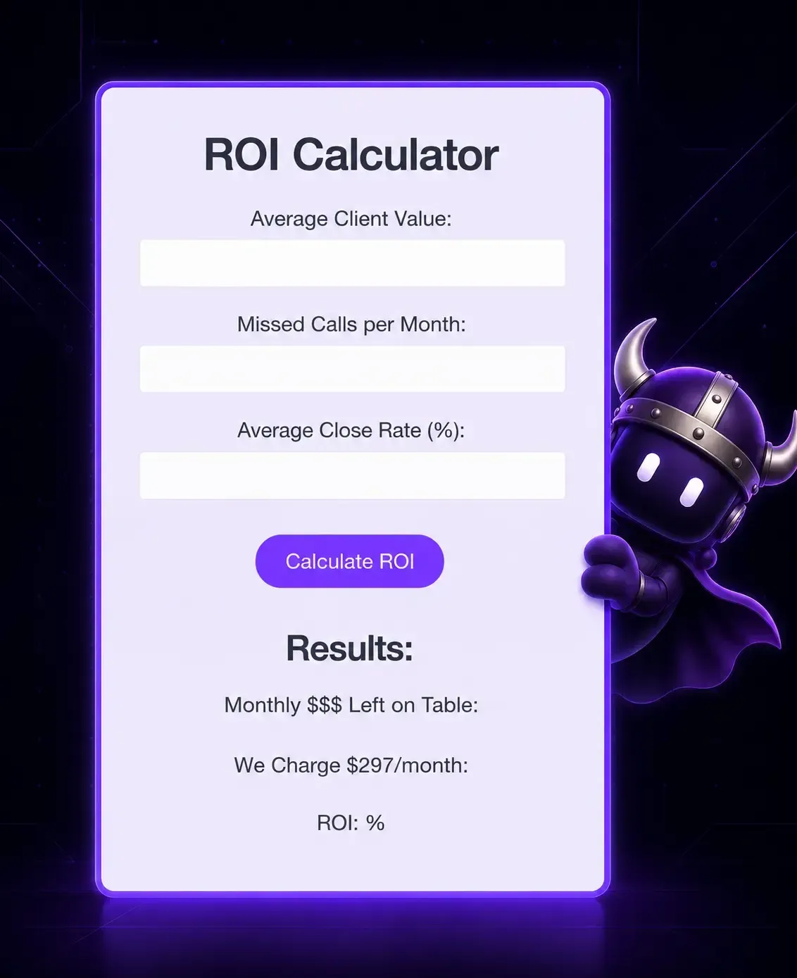 Missed Call ROI Calculator by Viking Marketing showing fields for average client value, missed calls per month, and average close rate to calculate monthly lost revenue