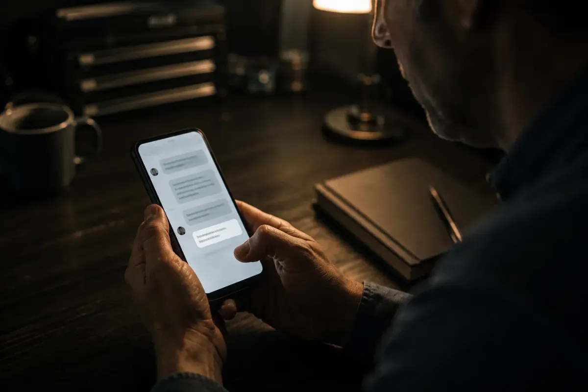Business owner holding a smartphone in a dimly lit office, reading an unexpected reply from a dormant lead on a glowing message thread