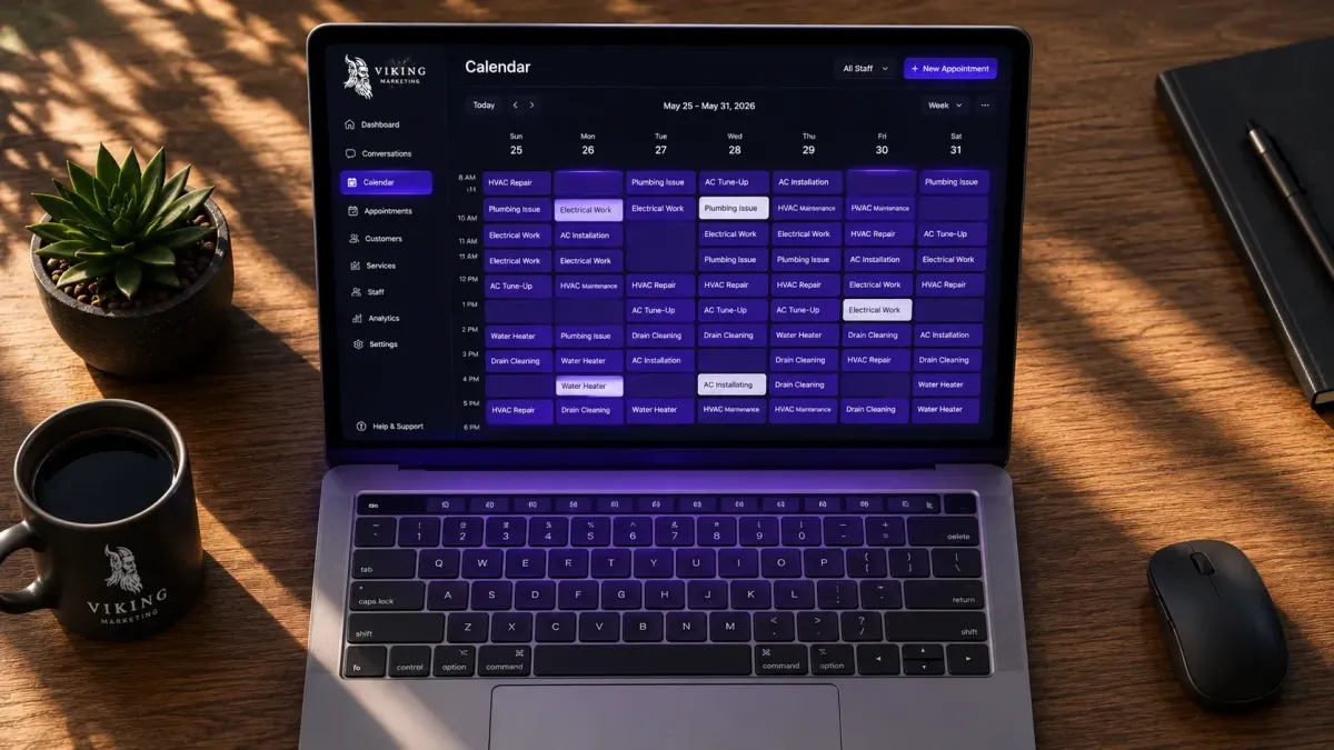 AI appointment scheduling software dashboard displayed on a laptop screen on a clean desk, viewed from above, showing a weekly calendar filled with appointment blocks in purple and white. No faces or people visible. Hands not in frame. Soft natural daylight from a nearby window. Warm neutral desk surface with minimal objects. Color palette of warm neutrals with soft purple accent glow from the screen. Cinematic depth of field, photorealistic product photography style.
