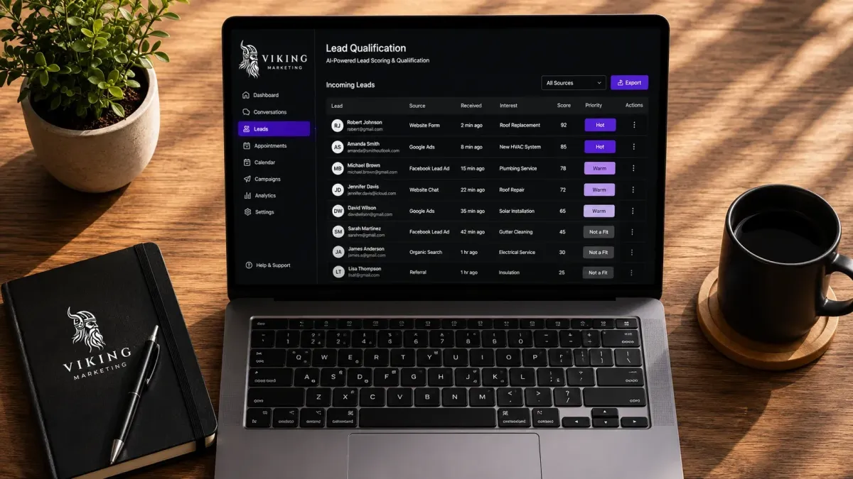 AI lead qualifier dashboard on a laptop screen showing a list of inbound leads tagged Hot, Warm, and Not a Fit in purple and grey. No faces or people in frame.