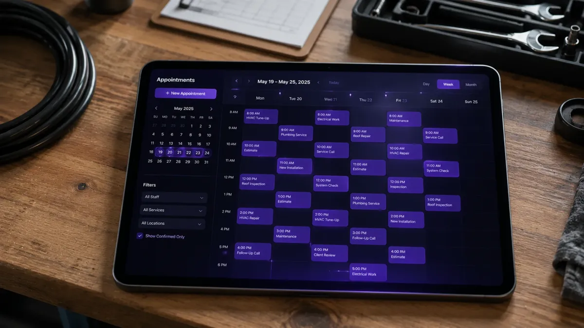 Automated appointment setting dashboard on a tablet showing a fully booked calendar with confirmed appointment blocks in purple