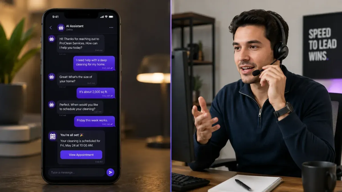 Split image comparing an AI appointment setter conversation on a phone screen with a human appointment setter on a sales call