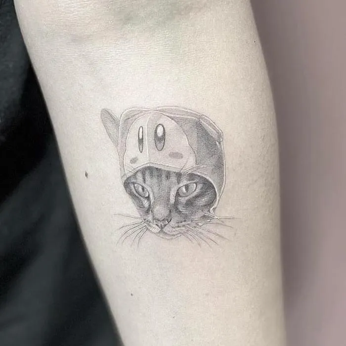 Smoking skeleton fine line tattoo on arm 