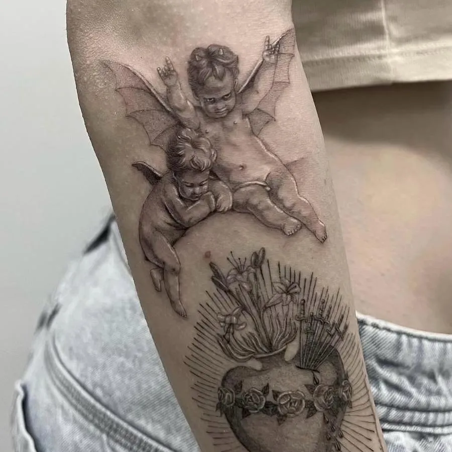 Detailed Horse with a flower tattoo fine line