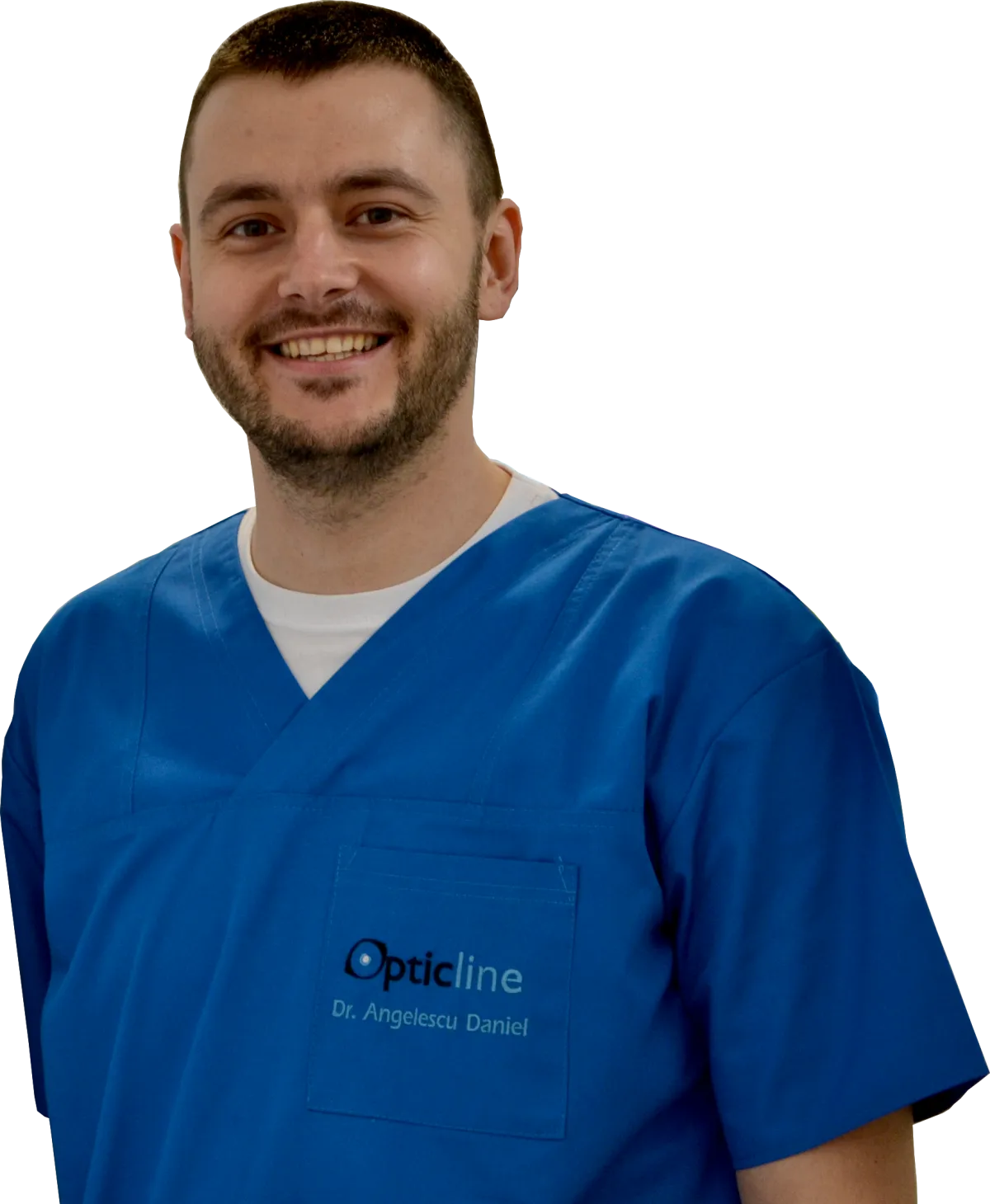 Clinic receptionist with headset using a tablet in a bright modern clinic