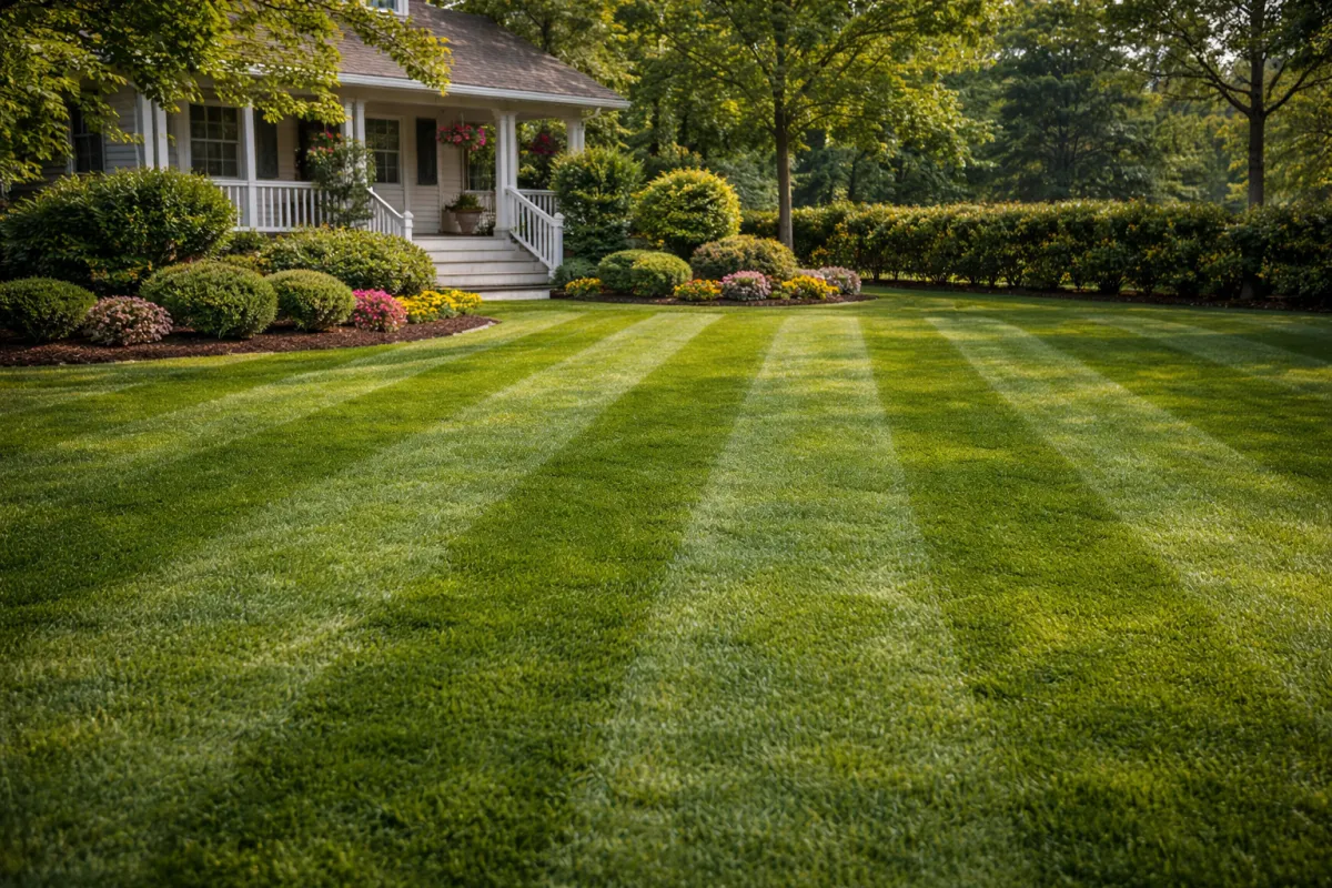 White metal patio furniture set surrounded by lush greenery.