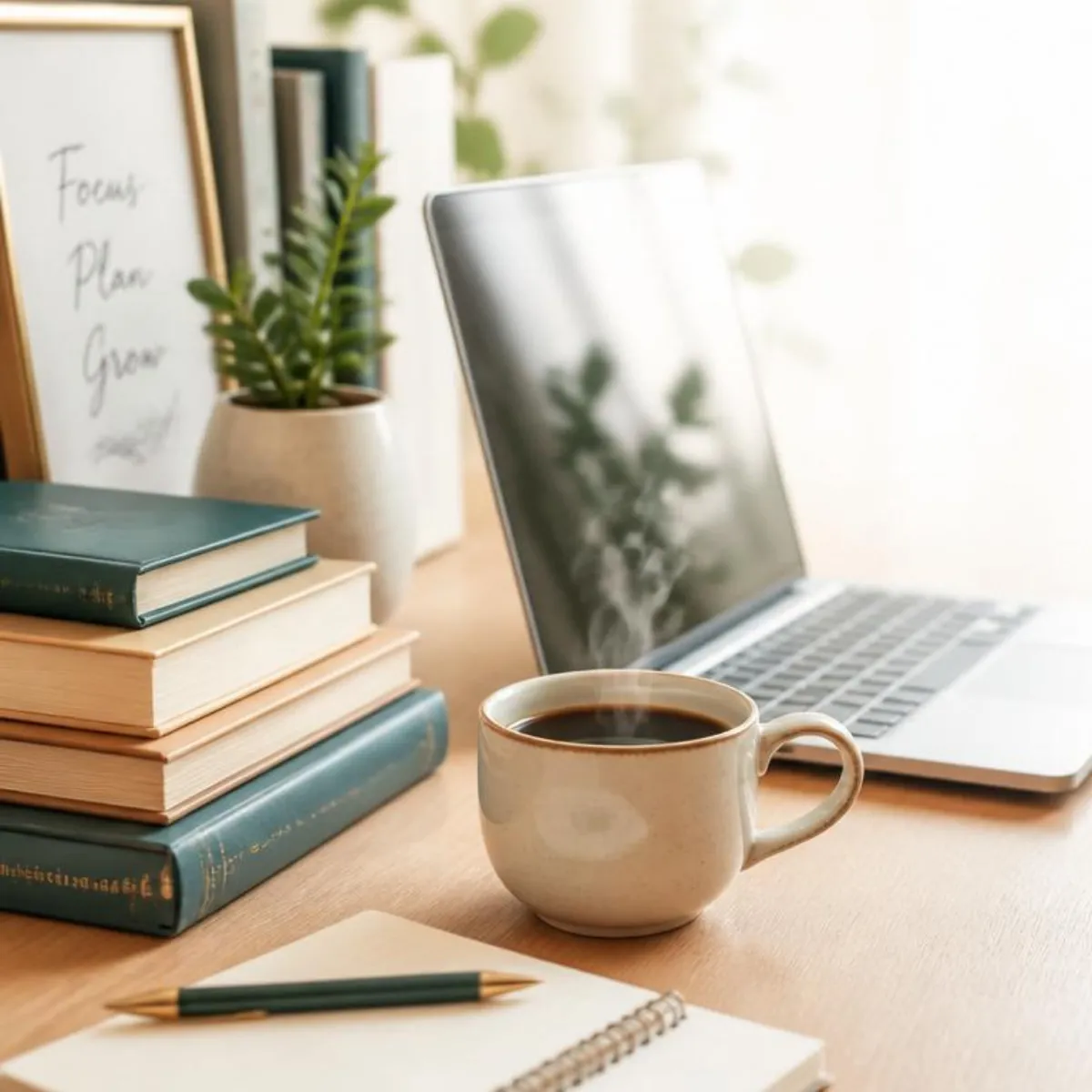 A cosy writer's desk with a steaming cup of black coffee, a stack of teal and cream books, an open notebook with pen, a laptop, a small green succulent, and a gold-framed 'Focus Plan Grow' print — bright, natural light streaming in from behind.