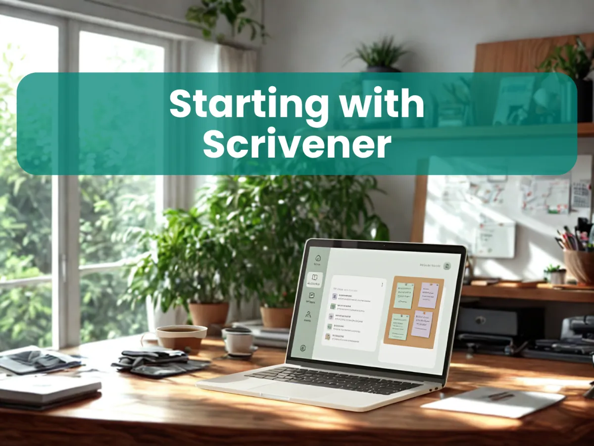 Course cover showing a bright workspace with a laptop, coffee cup, and notebook on a wooden desk surrounded by bookshelves, with the title 'Starting with Scrivener' on a teal banner.
