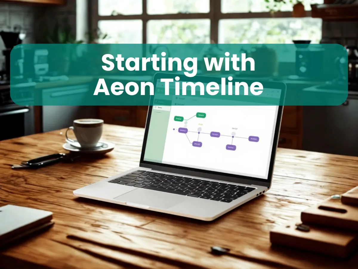 Course cover showing a bright workspace with a laptop displaying a timeline interface, coffee cup, and notebook on a wooden desk with bookshelves in the background, titled 'Starting with Aeon Timeline' on a teal banner.