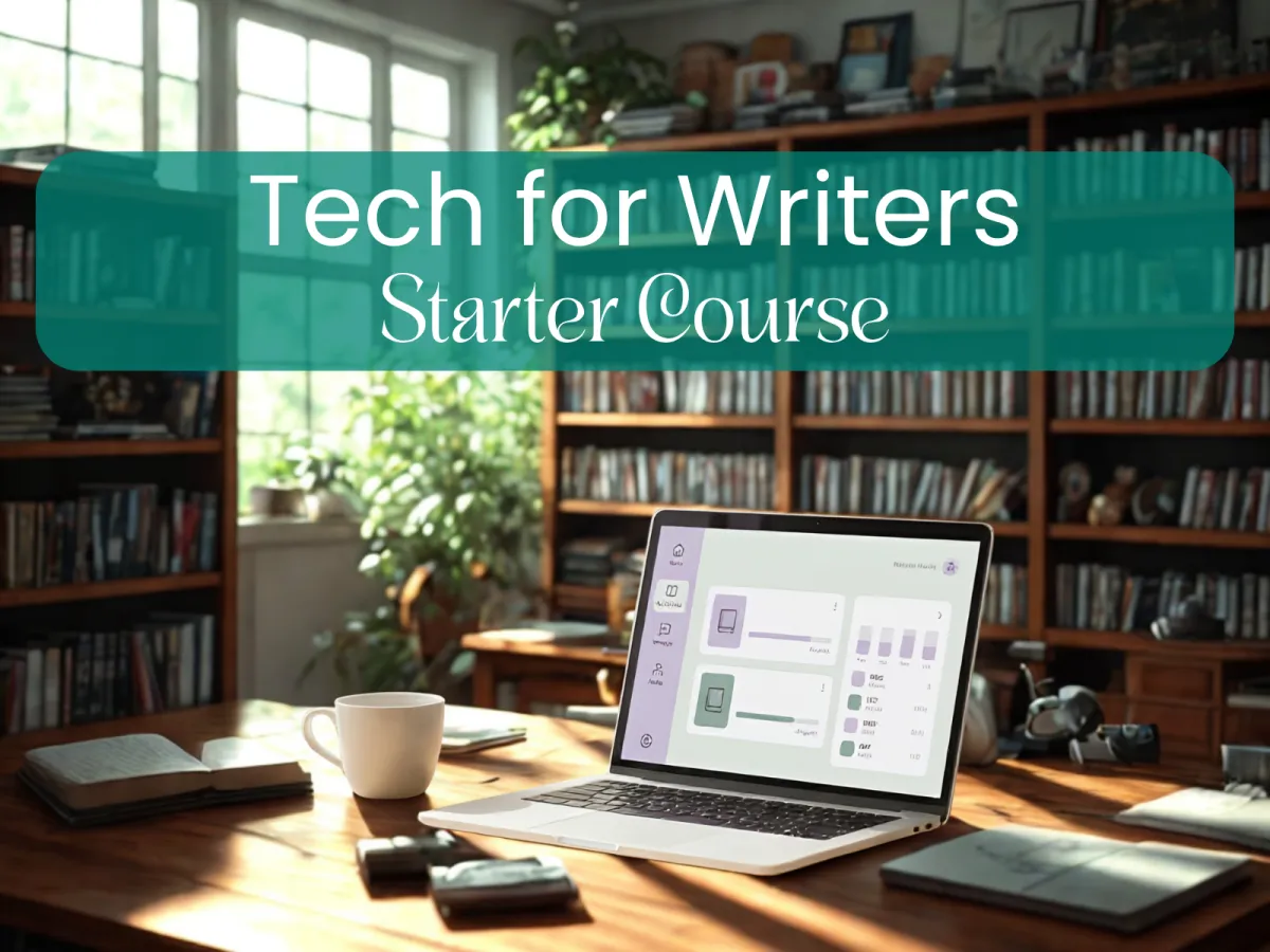 Course cover showing a sunlit workspace with a laptop displaying a learning dashboard, coffee cup, open notebook, and bookshelves in the background, titled 'Tech for Writers - Starter Course' on a teal banner.