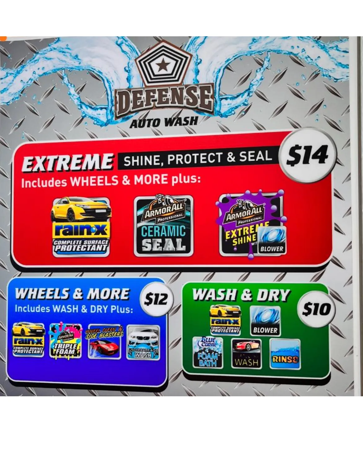 Sign of Available Wash Packages at Defense Auto Wash