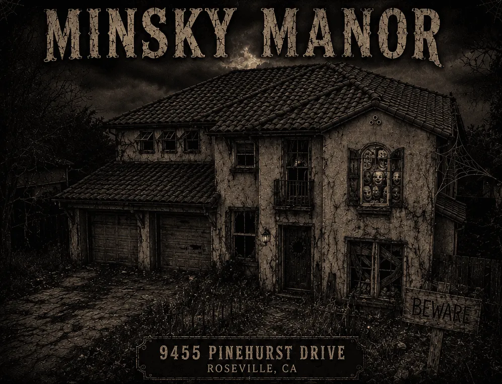 Minsky Manor — a decayed two-story house at night beneath the title lettering