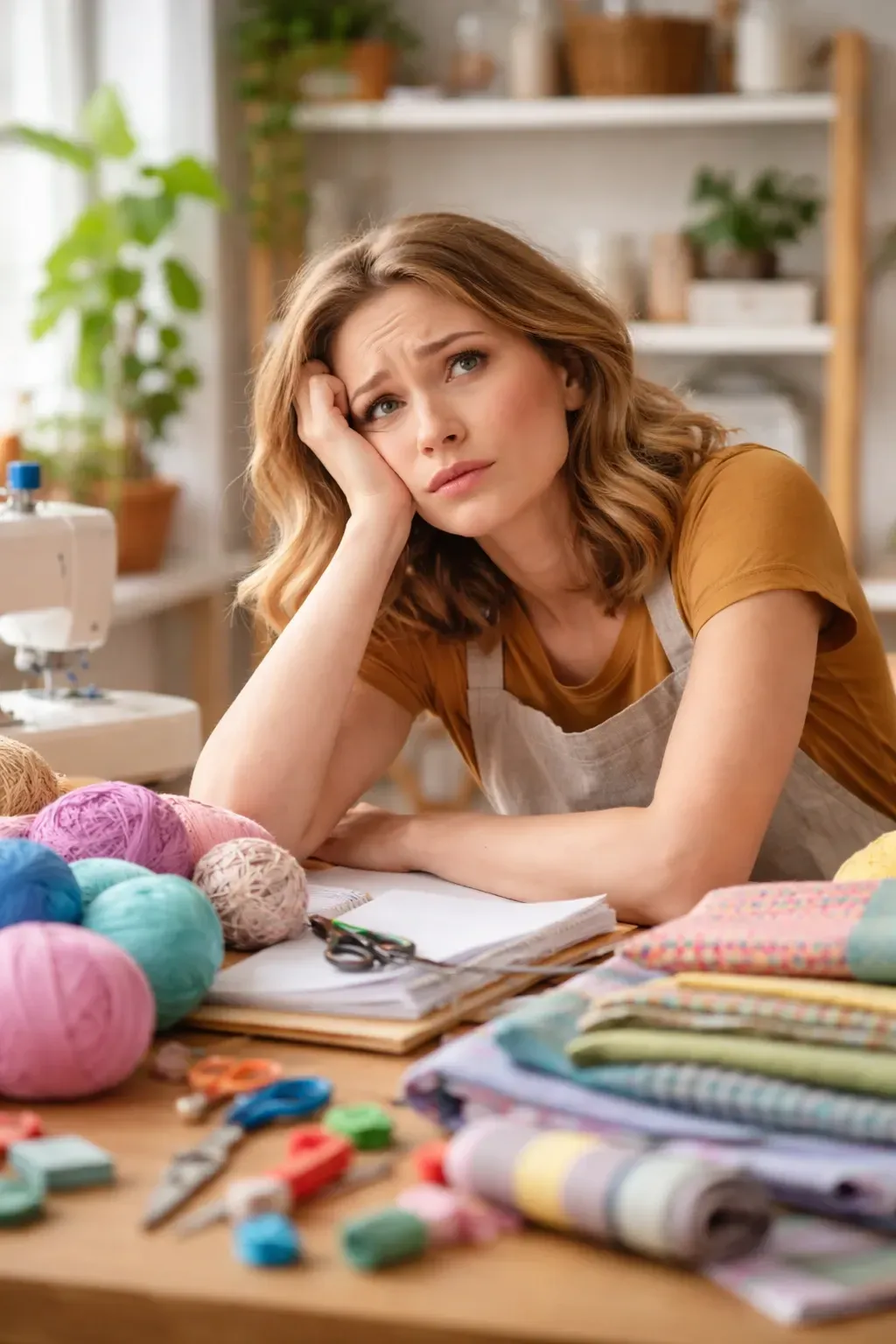 Woman wondering what to create with her fabric, yarn and tools
