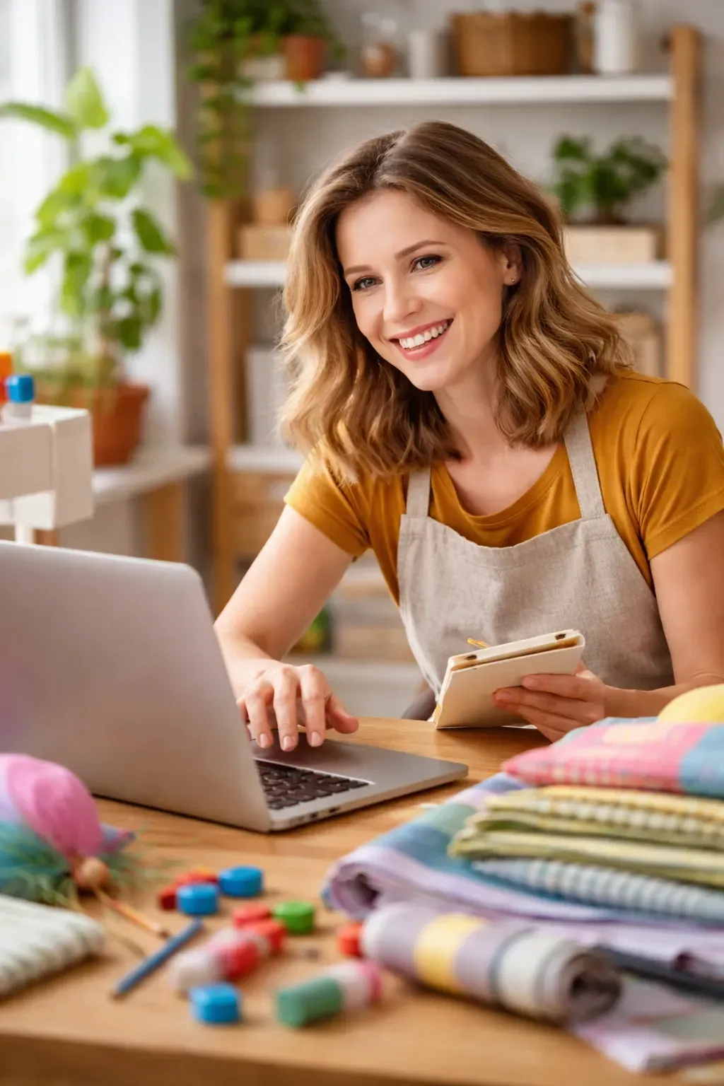 Happy woman making her digital crafty products on her laptop