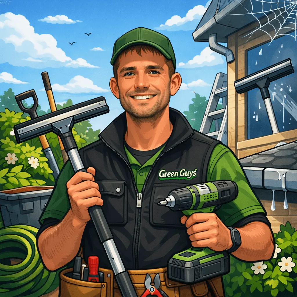Green Guys Property Maintenance team member illustration holding tools in Timaru