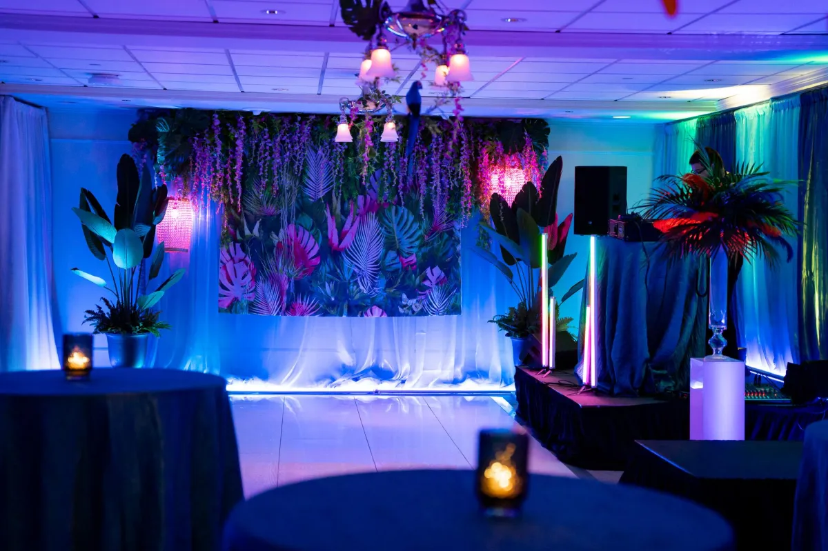 A tropical themed room design at a private event in Vancouver