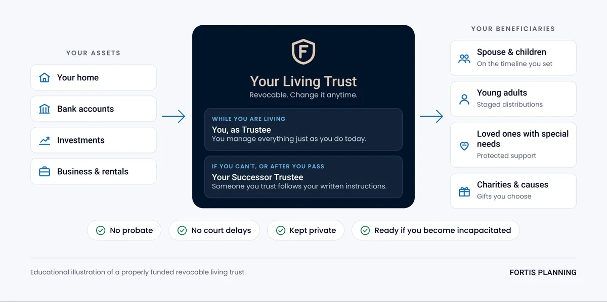 Diagram of a home, accounts, investments, and business assets flowing into a living trust and out to beneficiaries through a successor trustee