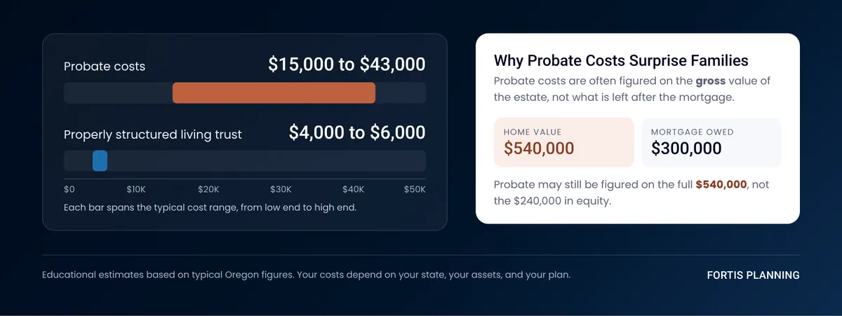 Bar chart showing Oregon probate costs of $15,000 to $43,000 compared with $4,000 to $6,000 for a living trust