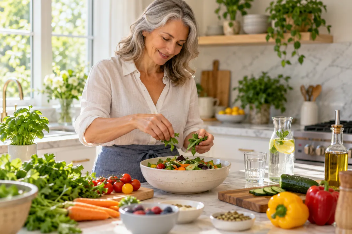 Woman preparing a colorful healthy meal at home as part of a realistic healthy lifestyle.