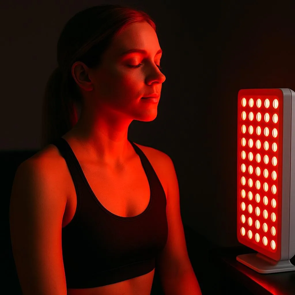Hier zien we een dame die geniet van red light therapie