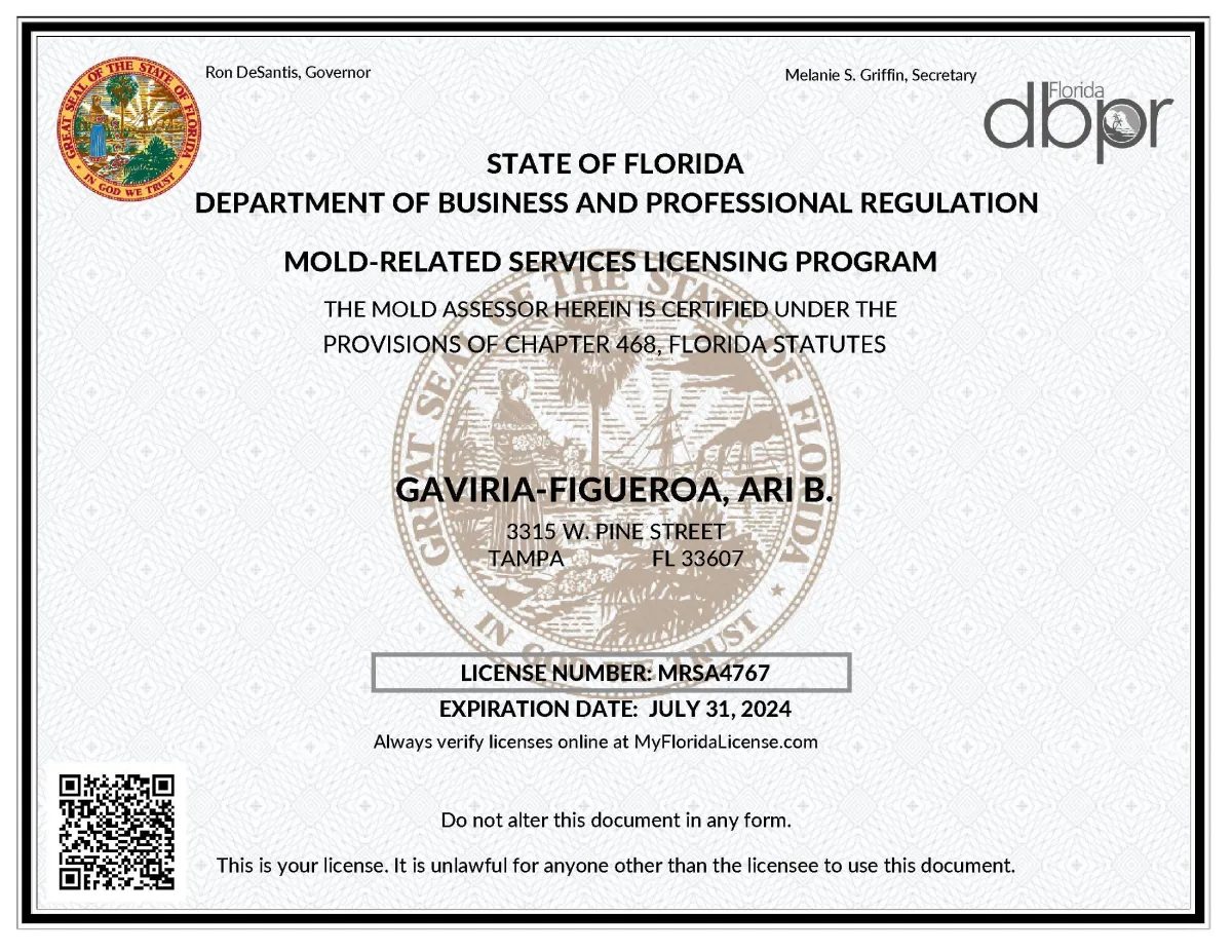 D.B.P.R. State Licensing Mold Assessor Certificate MRSA4767