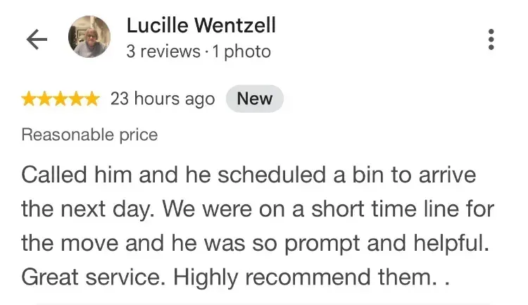 5-star Google review about dumpster rentals - Lucille Wentzell - Lower Branch NS