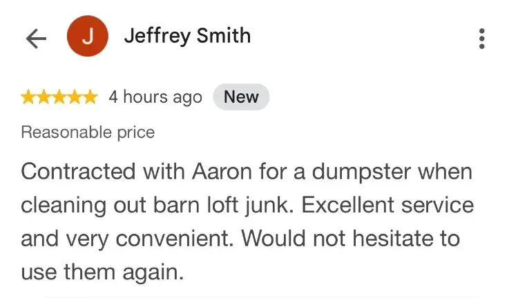 5-star Google review about dumpster rentals - Jeffrey Smith