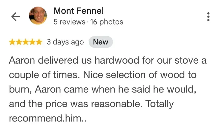 5-star Google review about firewood - Mont Fennel - LaHave Island