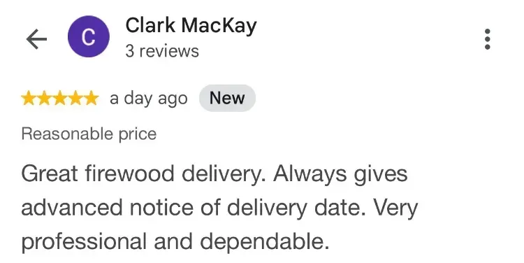 5-star Google review about firewood - Clark MacKay - Petite Riviere Bridge