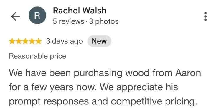 5-star Google review about firewood - Rachel Walsh - Broad Cove NS