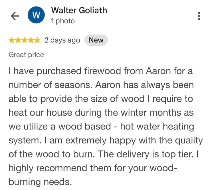 5-star Google review about firewood - Walter Goliath - Broad Cove NS