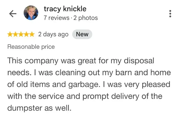 5-star Google review about dumpster rentals- Tracy Knickle - Maitland Lun. Co NS