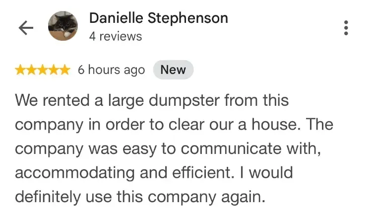 5-star Google review about dumpster rentals - Danielle Stephenson - Mill Village NS