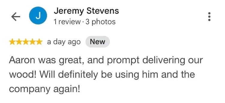 5-star Google review about firewood - Jeremy Stevens - Hebbville NS