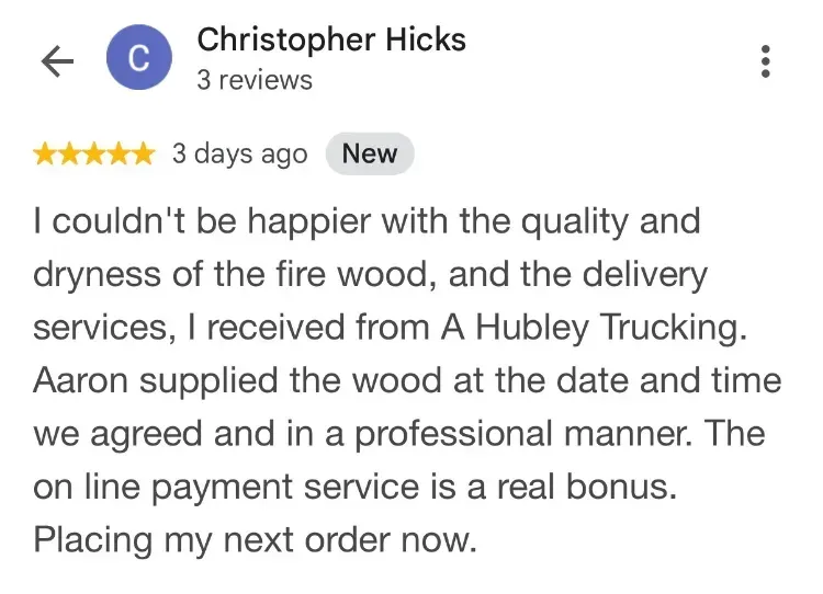 5-star Google review about firewood - Christopher Hicks - Lapland NS