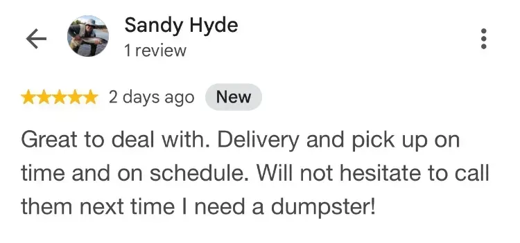 5-star Google review about dumpster rentals - Sandy Hyde