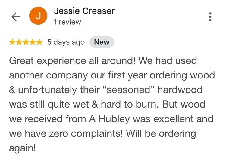 5-star Google review about firewood - Jessie Creaser - Wileville NS