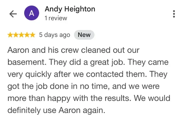 5-star Google review about junk removal - Andy Heighton - Petite River Bridge NS