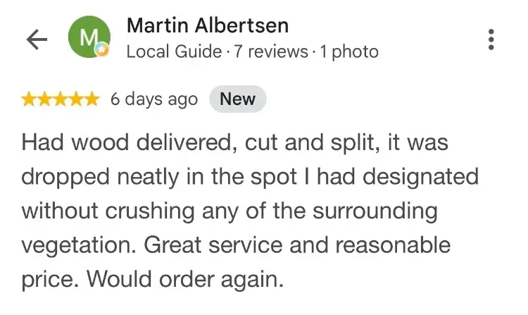 5-star Google review about firewood - Martin Albertsen - Waterloo NS