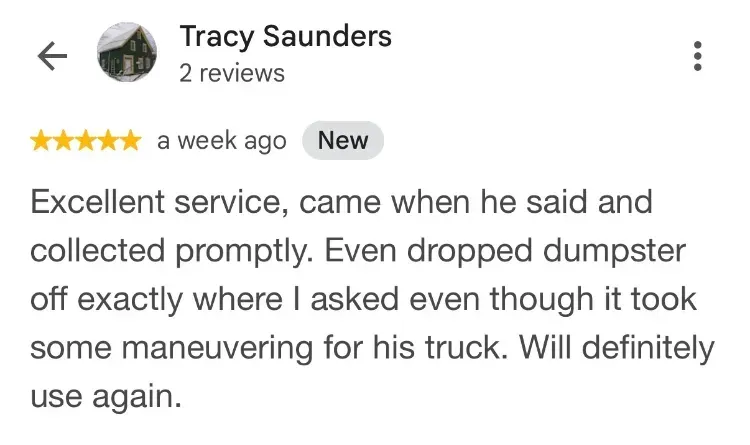 5-star Google review about dumpter rentals - Tracy Saunders - Middlefield NS