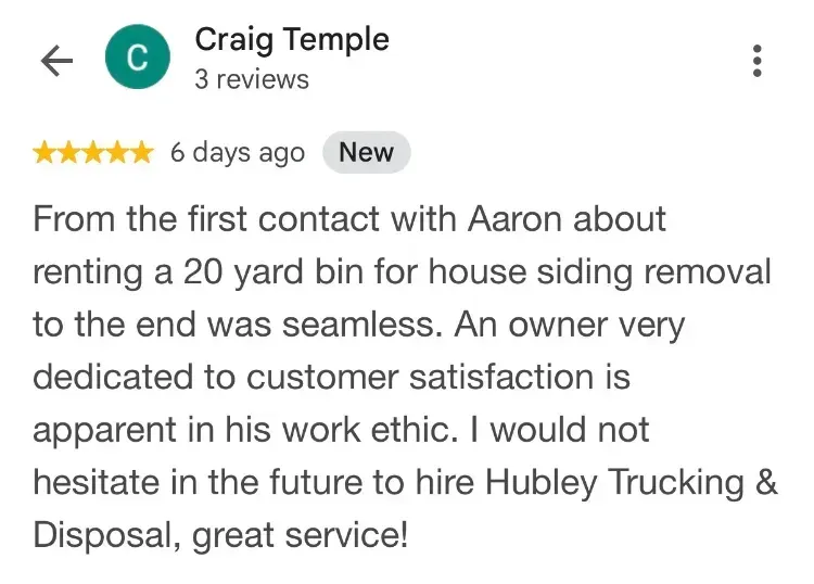 5-star Google review about dumpster rentals - Craig Temple - Labelle NS