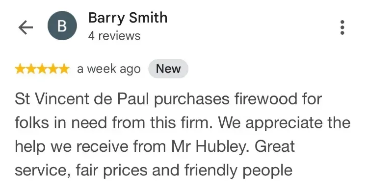 5-star Google review about firewood - St Vincent de Paul - 