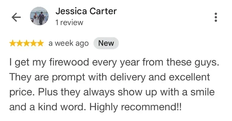 5-star Google review about firewood - Jessica Carter - Upper LaHave NS