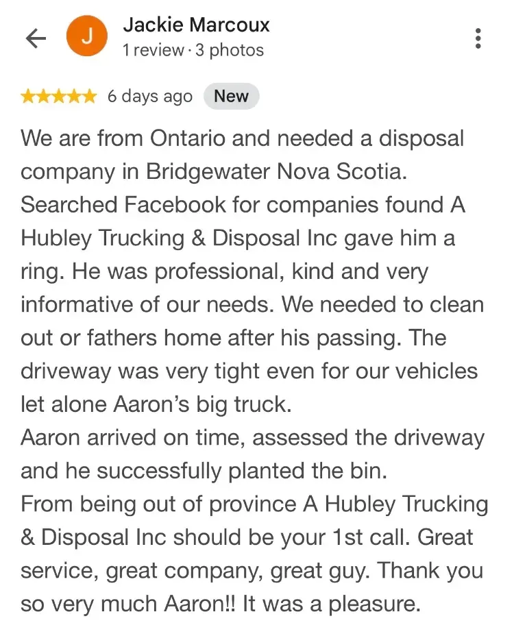 5-star Google review about dumpster rentals - Jackie Millette - New Germany NS