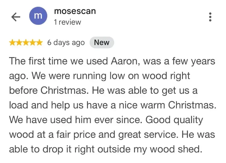 5-star Google review about firewood