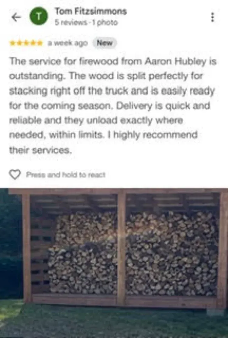 5-star Google review about firewood - Tom Fitzsimmons - Liverpool NS